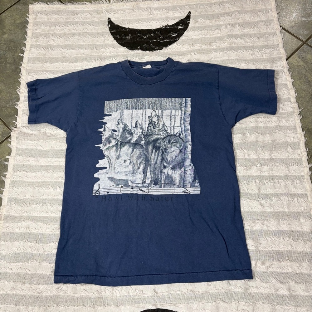 Vtg Running Wolf Navy Faded Nature Tee Single Stitch 90s Tribal Aztec 20” PtP